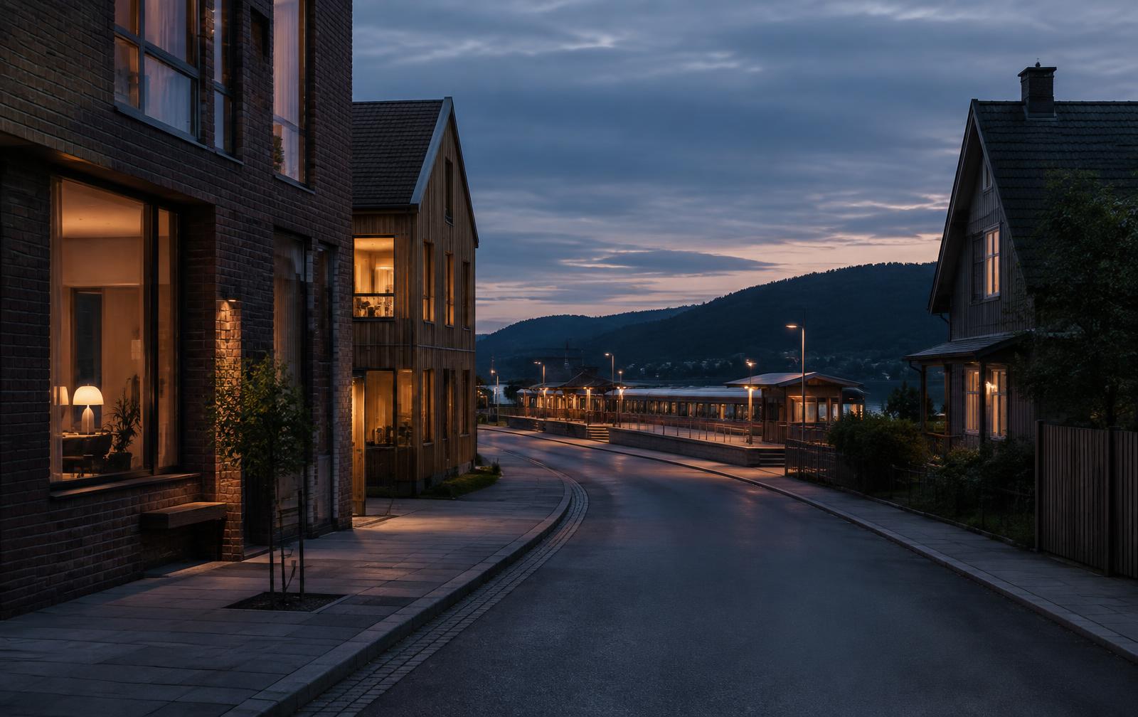 Stemningsbilde av en rolig gate i skumringen